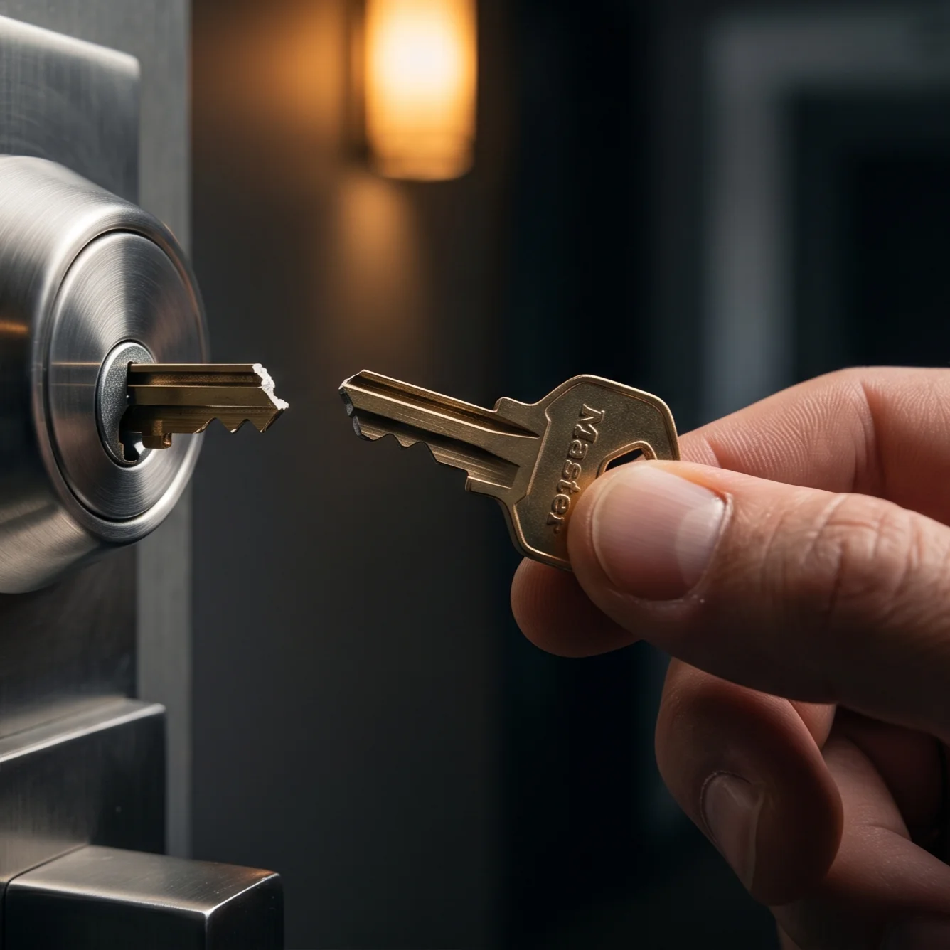 A snapped brass key — half left in a deadbolt cylinder, the broken half held in hand at a home's front door