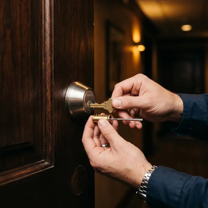 A licensed locksmith rekeying a Schlage deadbolt cylinder at a home's front door