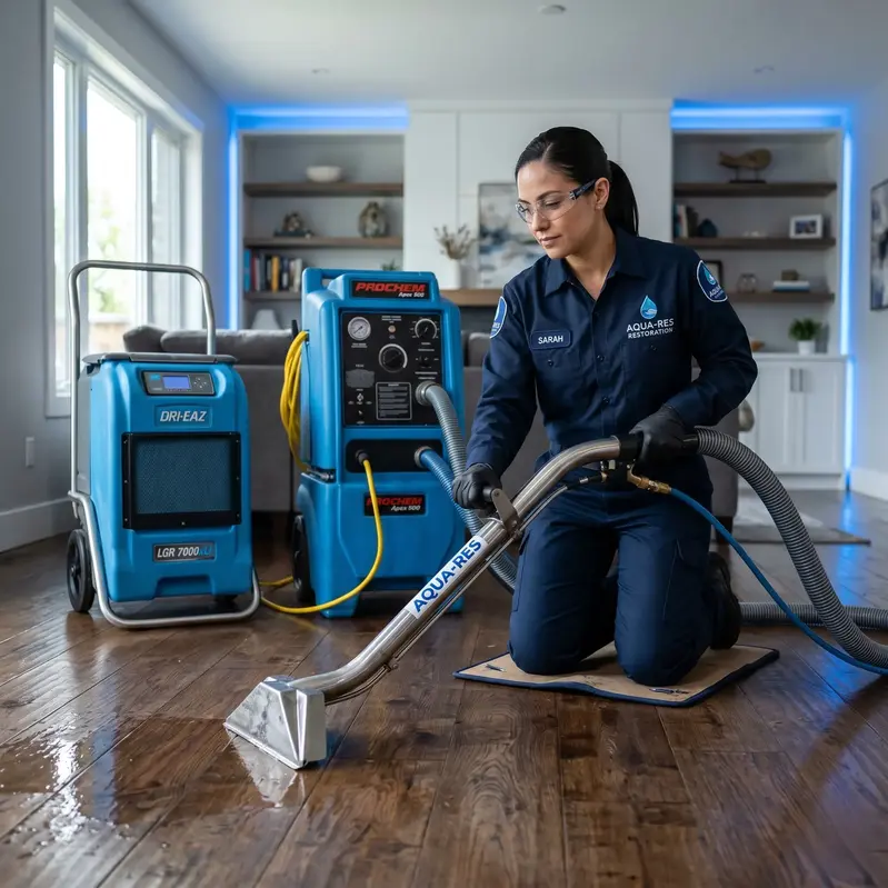 Licensed water damage restoration technician extracting water from a hardwood floor with industrial extraction and drying equipment